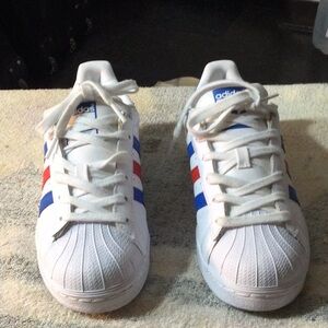 Adidas Kids White Sneakers with Red and Blue Stripes
